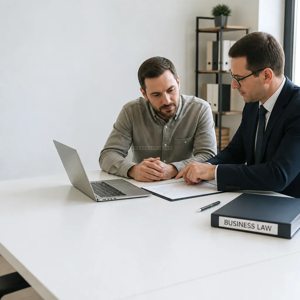 Independent owner reviewing simple contract with legal advisor